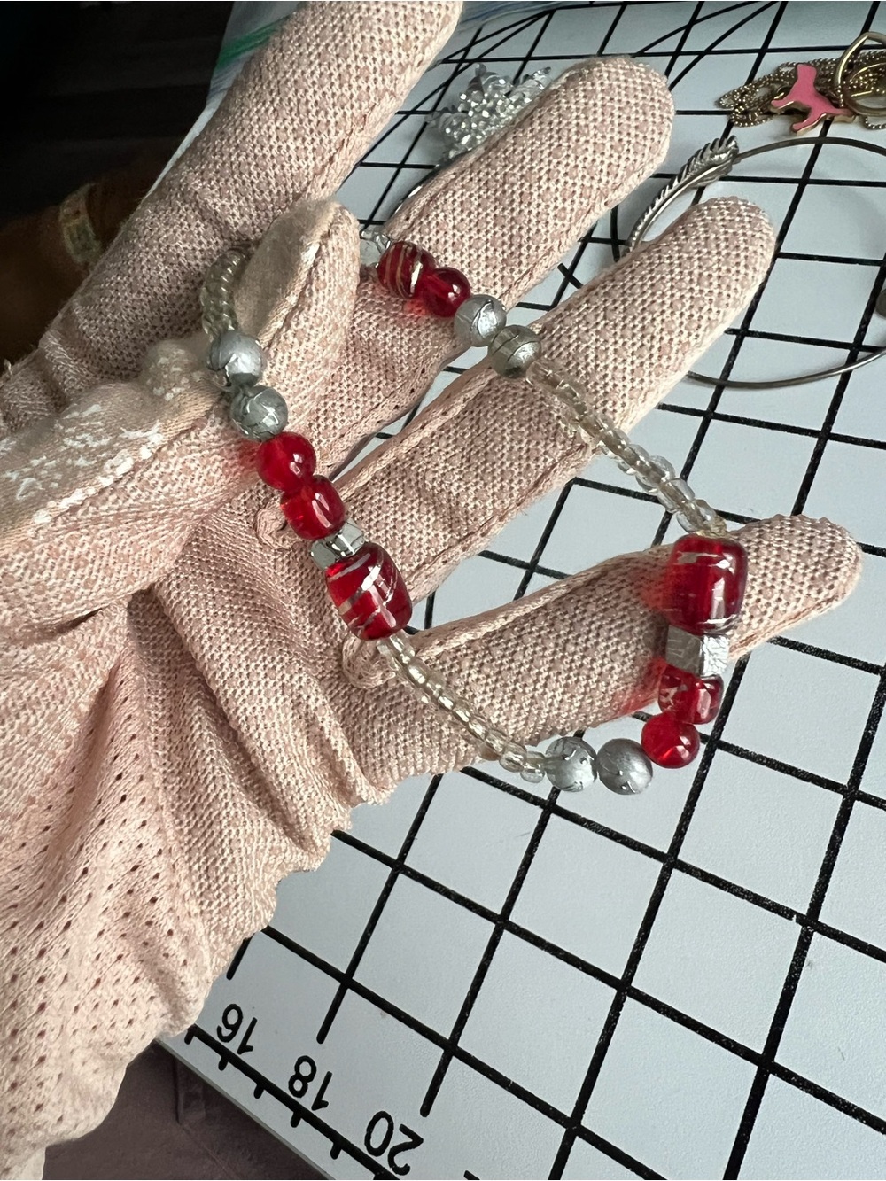 Handmade Red & Silver Glass Beaded Elastic Statement Bracelet